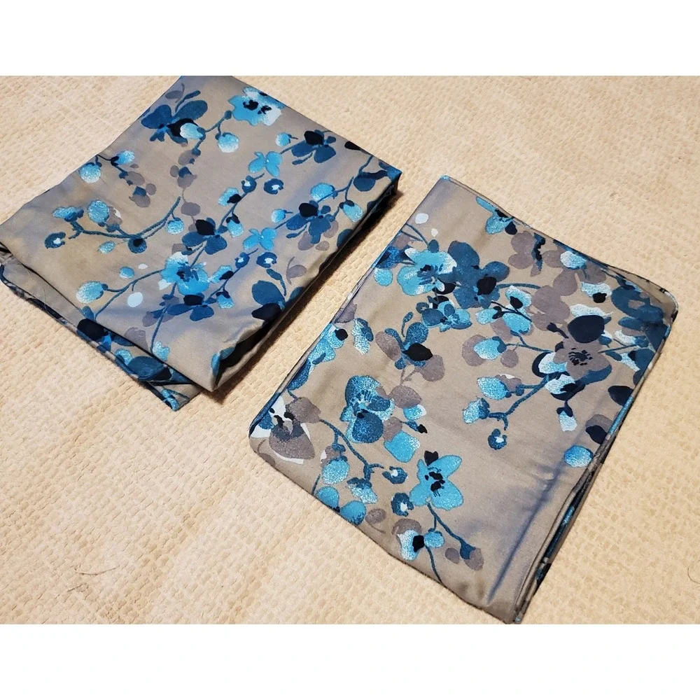 Alamode Home Blue Floral Cotton Pillowcase Set of 2 Taupe Grey Piped Standard